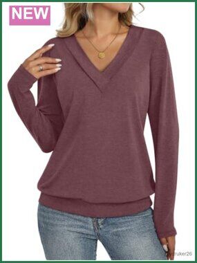 Womens Long Sleeve V Neck T Shirt Banded Bottom Casual Top